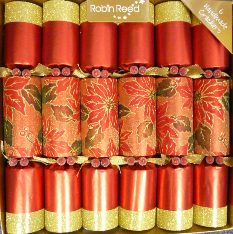 6 x 12" (30cm) Handmade Christmas Crackers by Robin Reed - Poinsettia Fabric with Glitter - CCS1804