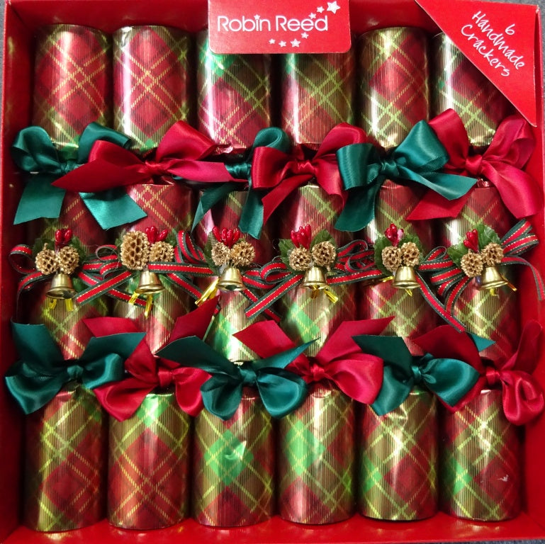 6 x 12" (30cm) Handmade Luxury Christmas Crackers by Robin Reed - Tartan Bells - 6061