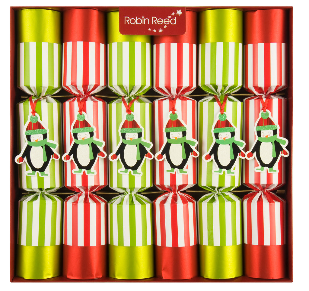 6 x 13" (33cm) Handmade Racing Penguin Christmas Crackers  by Robin Reed - Red Lime stripe 702
